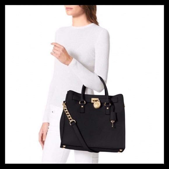 Michael Kors Hamilton Large Saffiano Leather Tote Black With Gold - Picture 16 of 16